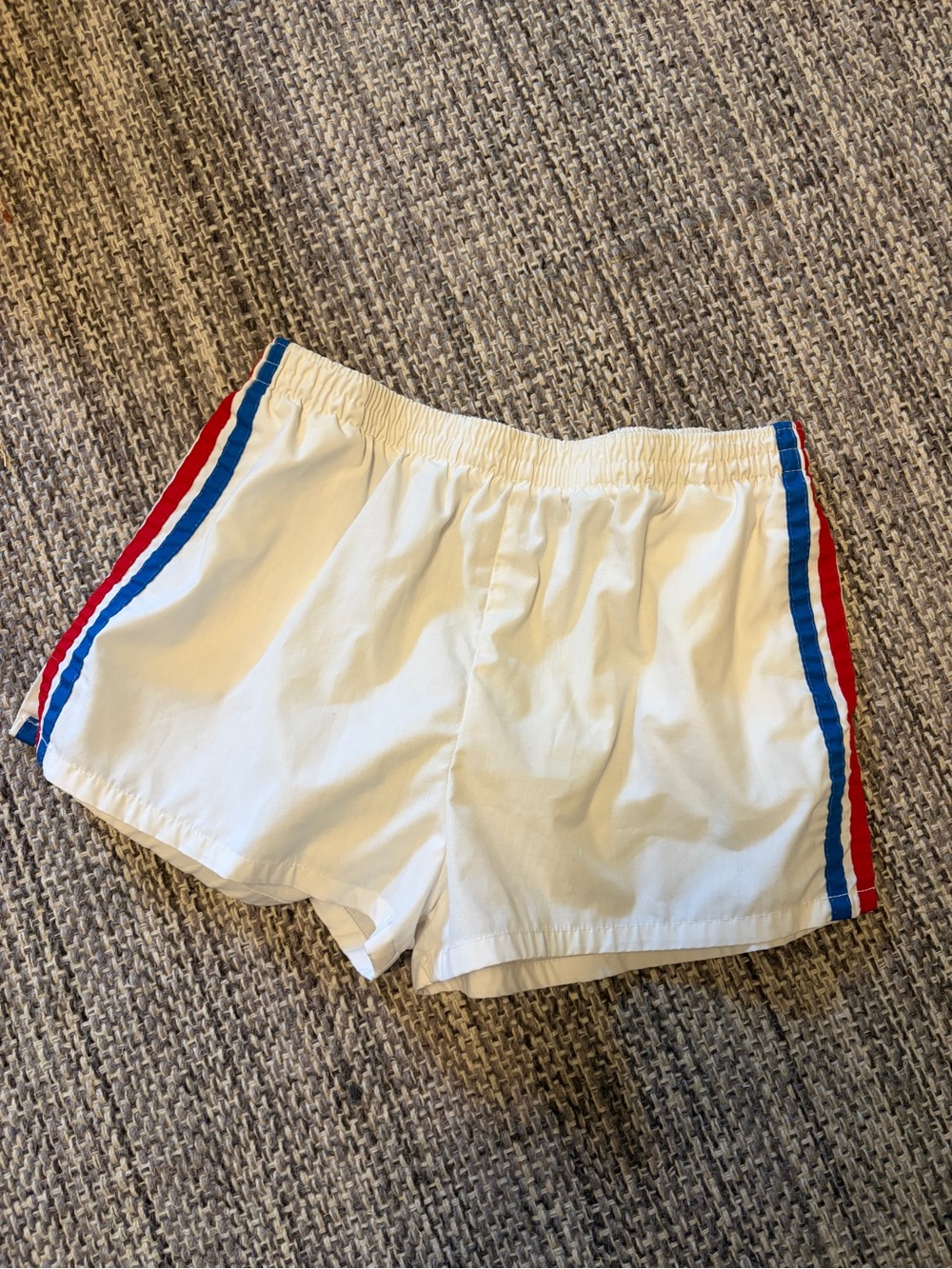 Vintage JCPenney White Athletic Gym Shorts with Red & Blue Side Stripes